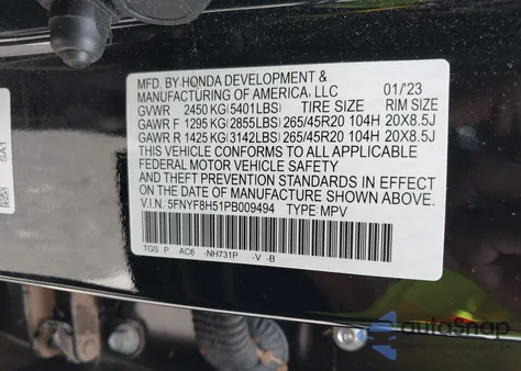 2023 Honda Passport Awd Ex-L из США, поврежденный, VIN 5FNYF8H51PB009494